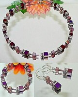 3Er Schmuckset Cube WüRfel Purple Lila Kristall Glas Facettiert Strass 064N