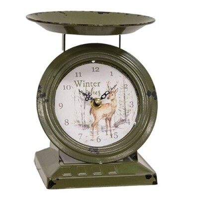 NEW Farmhouse Kitchen SCALE CLOCK SAGE GREEN DEER Chippy Metal Woodland 7''T