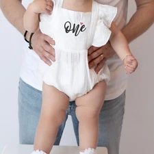 Personalized White Baby Romper, One Year Birthday Outfit Girl with Custom Name