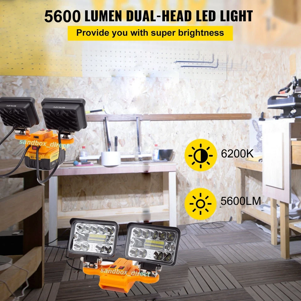 Luz de trabajo LED adecuada para batería de iones de litio Dewalt 20V MAX XR DCB205 5600LM 2 cabezales Foto 2 de 4