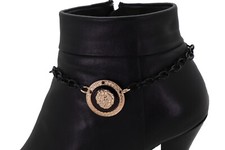 Women Black Metal Chain Links Western Boot Bracelet Shoe Anklet Gold Lion Charm