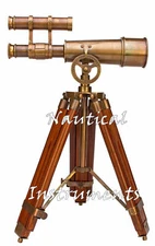 10"Marine Nautical Navy Brass Double Barrel Telescope With Wooden Tripod Stand