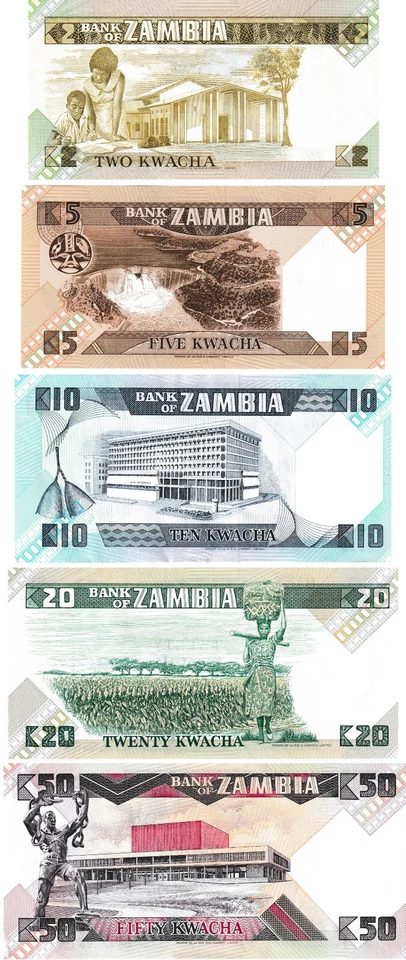 Zambia Set 2 - 25 - 10 - 20 - 50 Kwacha, 1986-1988 ND, Uncirculated, 5 note set - Image 2 of 2