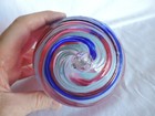 Hand Blown German Art Glass Ball Pink with Blue & White Splotched Swirl Design — photo 3