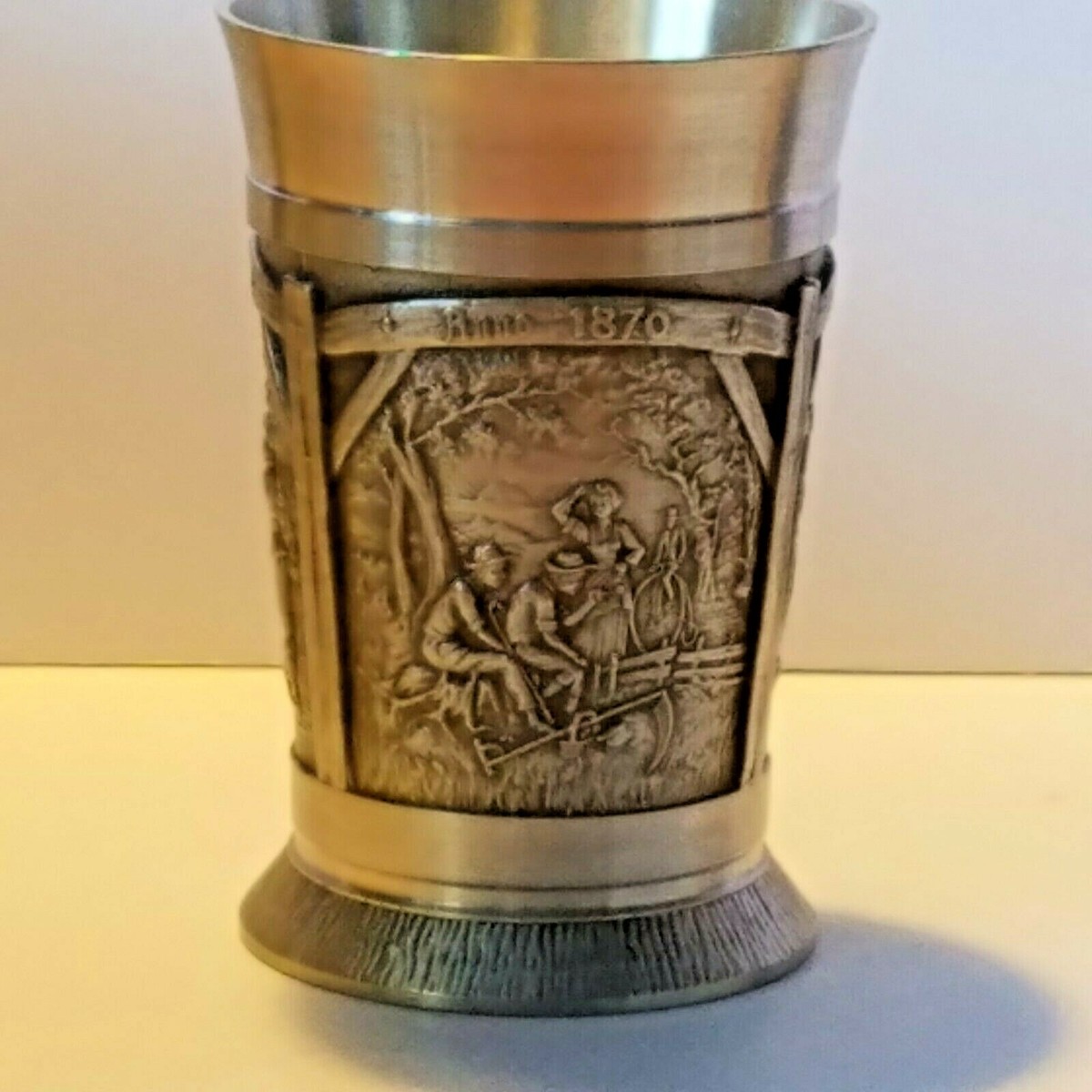 Pewter Drinking Cup SKS ZINN 95% 3 Panel Scenes Inset Anno 1765