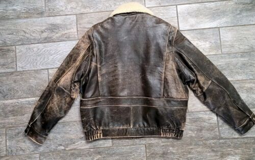 VTG Men Shearling Lambskin Leather Flight Bomber Jacket Distressed SzXL - Picture 10 of 10