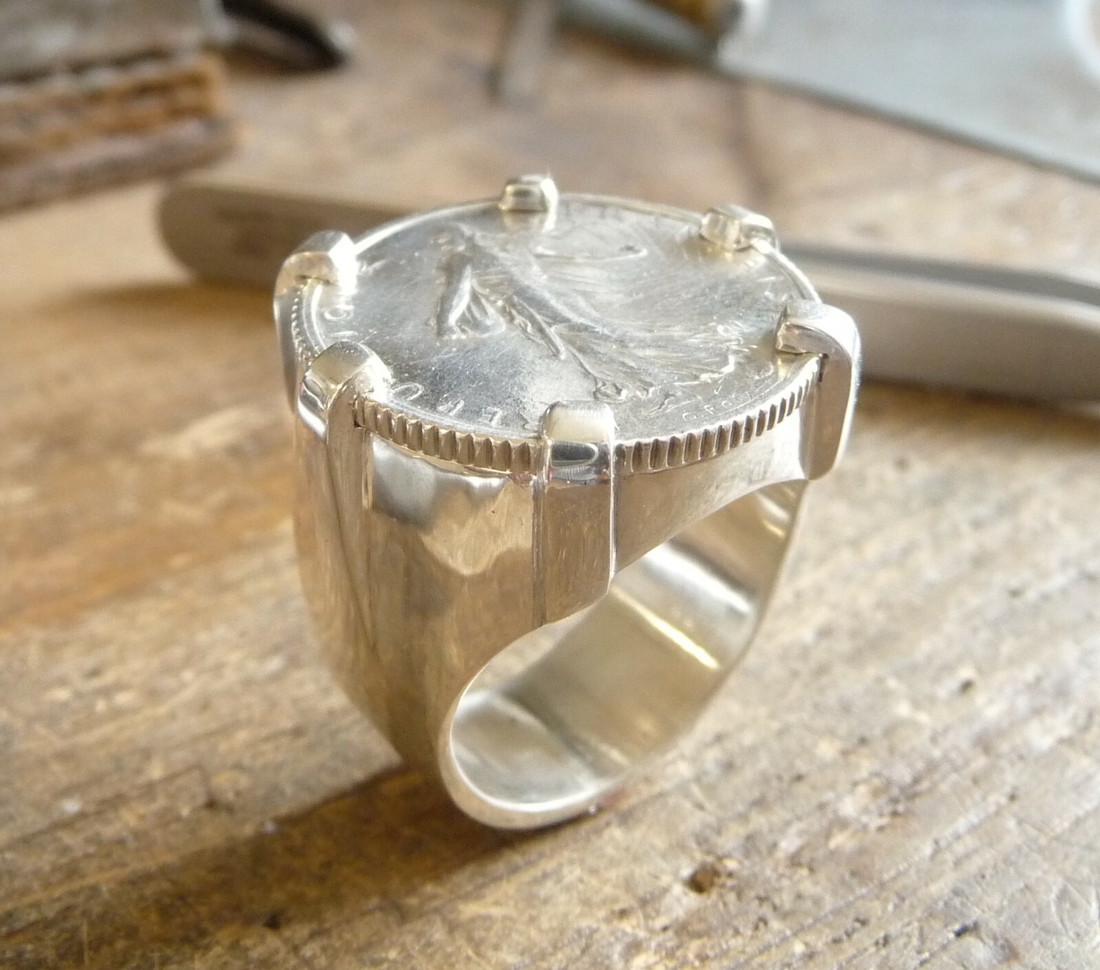 Chevalière évidée en argent massif avec pièce de 1 Franc Semeuse pour homme