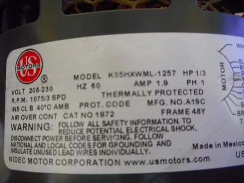 EMERSON K55HXWML-1257 Furnace Blower Motor 1/3HP 208-230V 1075RPM 3SPD 1972