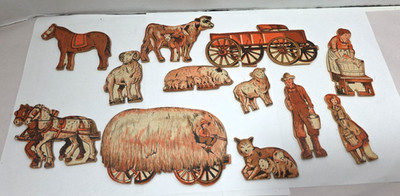 Vintage Sears Milton Bradley Farm Animals Wood/Cardboard Set 12 Pieces