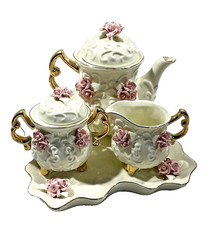 Cracker Barrel Ivory Porcelain Victorian Tea Set W/Pink Roses 10k Gold Trim 6pc