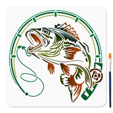 Fishing Rod Lake Fish Stencil 11.8x11.8 Inch Paint Brush Craft Template