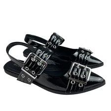 Madden Girl Vardan Slingback Flats 8M Black Patent Buckle Strap Pointed Toe