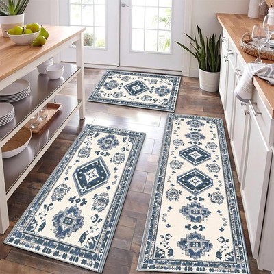3pc Retro Boho Kitchen Rug Set Blue White Ethnic Area Mats Non-Slip USA STOCK