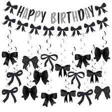 30PCS Black Bow Hanging Swirls Happy Birthday Black Bowknot Party Decorations...