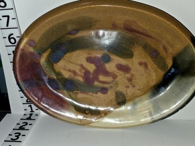 Dena Pottery Oval Serving Platter 12in Hand Glazed Artistic Brown Blue Burgundy 