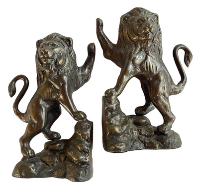 Lion Bookends Cast Bronze Hollywood Regency Standing Lions VTG 9'' Heavy