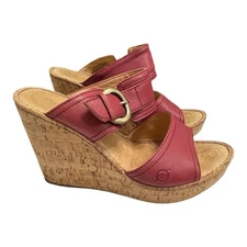 BORN, Sandals Red/pink Leather, Wedge Heel,Slip On ,Buckle accent Sz 9
