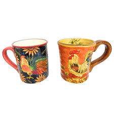 Juego 2 tazas de café gallo vintage Susan Winget taza girasol azul marino y taza naranja