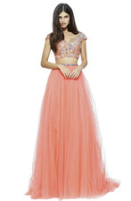 Sherri Hill Coral 2 Piece Embellished Bodice Chiffon Gown size 6 650 Prom