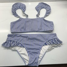 Vineyard Vines 2 Piece Bikini Blue White Stripes Ruffles Marlin S Top M Bottoms