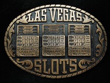 PD05114 VINTAGE 1983  LAS VEGAS SLOTS  COMMEMORATIVE BRASSTONE BELT BUCKLE