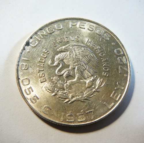 1957 Mexico Silver 5 Pesos SD55 - Picture 2 of 2