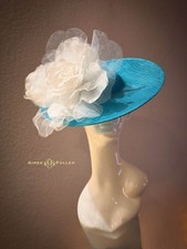 Kentucky Derby Hat White Rose Royal Ascot Hat Turquoise Blue Bridal Fascinator