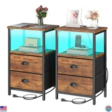 Chic Rustic Brown Industrial Nightstand Set of 2 with 2 Drawers, LED Light &