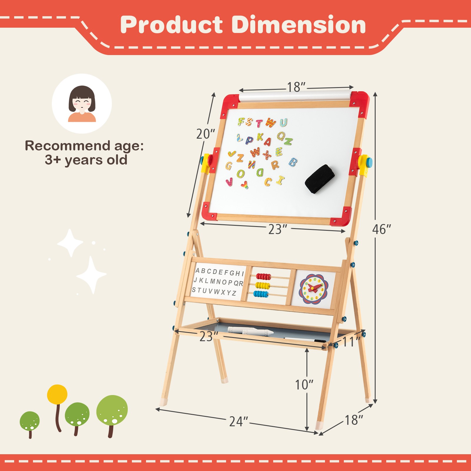 3-in-1 Wooden Art Easel for Kids Double Sided Easel w/ Drawing Paper Roll