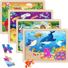 Wooden Puzzles for Kids Ages 4-6, 4 Packs 60 Pcs Animal Dinosaur Jigsaw Puzzles