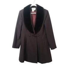 Together! Mocha Brown Mid Length Faux Fur Trimmed Designer Coat Sz 8