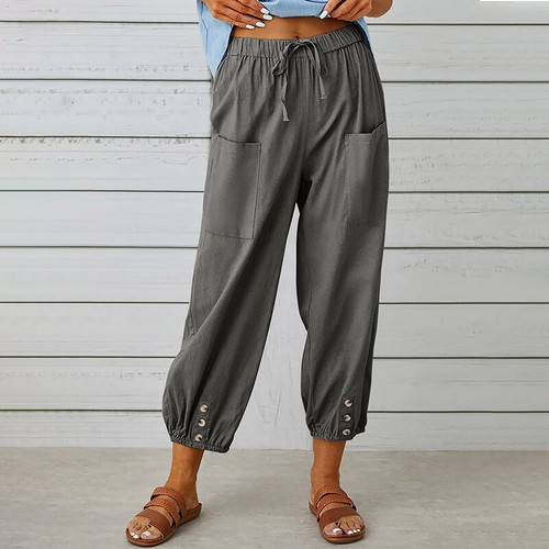 Womens Casual Cotton Linen Wide Leg Pants Floral Loose Elastic Waist Trouser US~ - Picture 15 of 26
