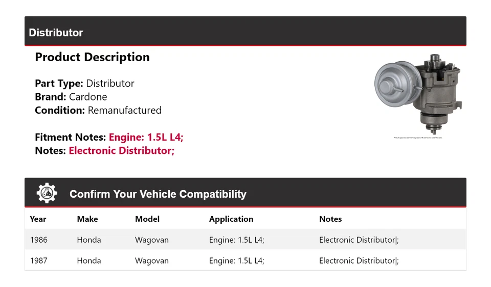 For 1986-1987 Honda Wagovan 1.5L L4 Distributor Cardone - Image 2 of 4