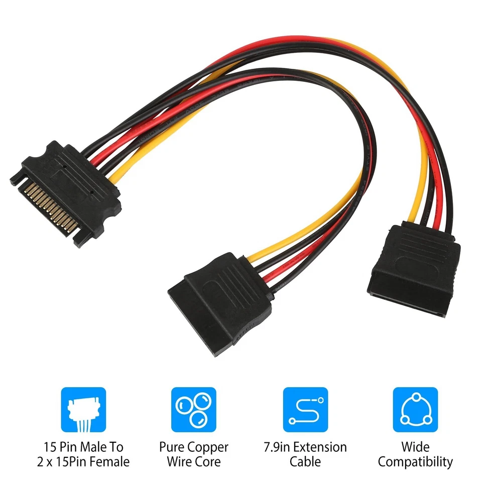 SATA Power 15-pin Y-Splitter Cable Adapter Male to Female for SSD HDD Hard Drive - Image 3 of 4