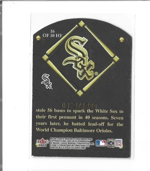 2002 Fleer Fall Classics HOF Plaque #16 Luis Aparicio 0312/1984 NMMT - Image 2 of 2