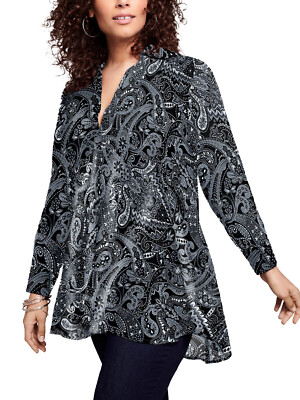 Roamans schwarze Paisley-Druck Fit-and-Flare Crinkle Tunika UK Größen 14-34