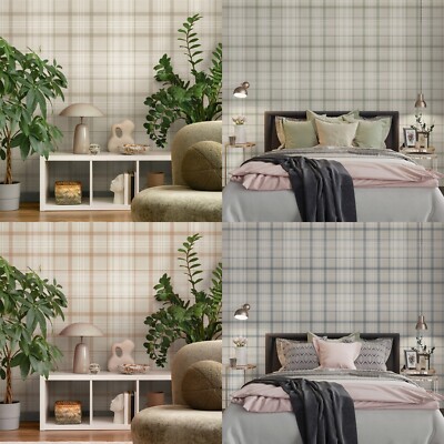 Kirkham Tartan Karo Tapete Marine Orange Neutral Grün Feature Wand Lounge