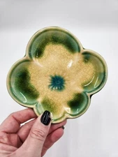 Miya Japan Green and Yellow Flower Shaped Pottery Trinket Dish/Soap Dish