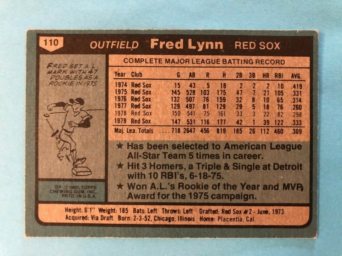 1980 Topps Card #110 Fred Lynn A.L. All-Star Boston Red Sox | eBay