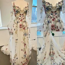 Romantic 3D Flower A-line Wedding Dress Spaghetti strap Long Sleeved Bridal Gown