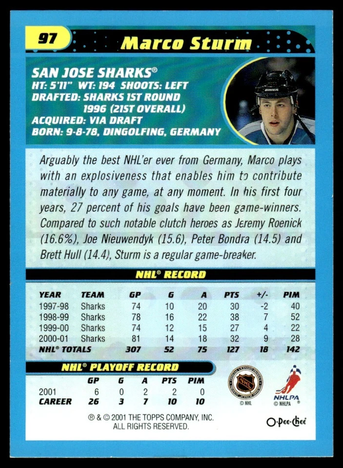 2001-02 Topps O-Pee-Chee RETRO Marco Sturm San Jose Sharks #97 - Image 2 of 2