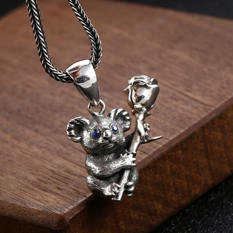 Colgante de plata esterlina S925 KOALA & ROSE ojos azules lindo animal tailandés oxidado Foto 3 de 4