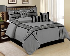 HIG 7 Piece MARMA Ruffle  Patchwork Comforter Sets Grey Taupe Queen King