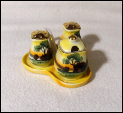 Vintage Art Deco Noritake/MIJ Cottage by the Lake Cloverleaf Condiment Set #S054