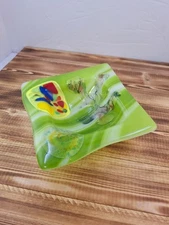 Vintage Murano Style  Rainbow Hand Made Fused Art Glass Trinket Dish Vtg 5.5"