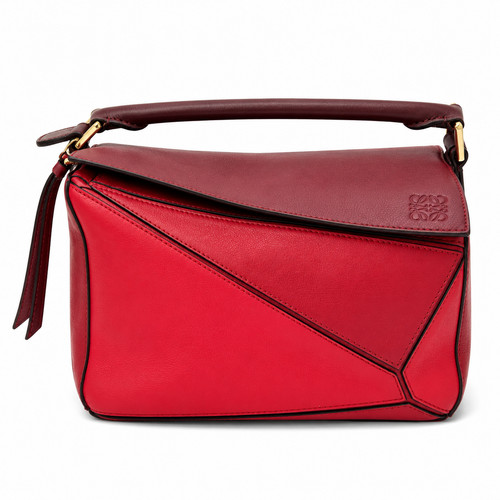 AUTH Loewe Puzzle Small Red Calfskin Two Tone Top Handle Crossbody Bag
