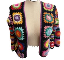Crochet New Women's Handmade Medium Black Colorful Granny Squares Cardigan