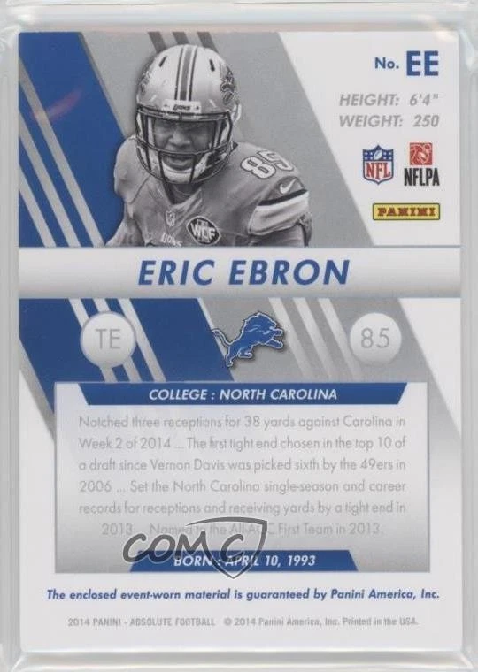 2014 Panini Absolute Rookie Jersey Collection Prime /10 Eric Ebron #EE RC - Image 2 of 2