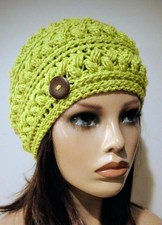handmade crochet womans button hat beanie lime green puffs new