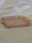 Vintage Pink Depression Jeanette Glass Handled Square Ribbed Etched Tray